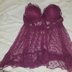 NWT VELVET KITTEN Babydoll nightgown Sz 2XL. Plus Size. Deep Plum/Purple. Bra